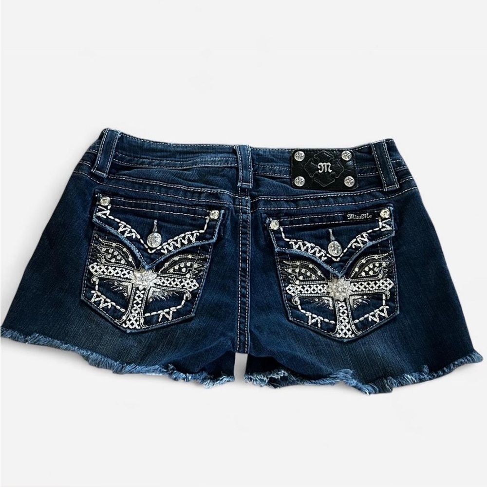 Miss Me Dark Blue Jean Shorts with Silver Accents